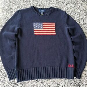 Polo Ralph Lauren Knit Cotton USA American Flag Sweater Youth XL (Women's Small)